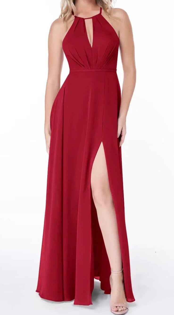 Azarie Scarlet A-Line Pleated Chiffon Dress red hot maxi with slit upfront size
